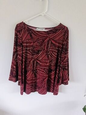 Kasper Large Burgundy Bell Sleeve Blouse Metallic Geometric Print Career Top